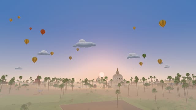 ဧရာဝတီ ကမ်းနားကနေ မြင်ရတဲ့ နေထွက်ချိန် ပုဂံလွင်ပြင်၊ မြူတွေကြားက ဘုရားတွေနဲ့ ကောင်းကင်ထဲက မိုးပျံပူဖောင်းများ