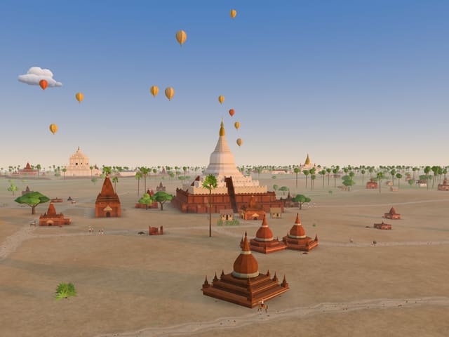 နေထွက်ချိန် ကောင်းကင်ထဲက မိုးပျံပူဖောင်းတွေအောက်မှာ ရွှေဆံတော်စေတီနဲ့ ဘုရားတွေ ပြန့်ကျဲနေတဲ့ ပုဂံလွင်ပြင်ကို အပေါ်စီးက မြင်ရပုံ