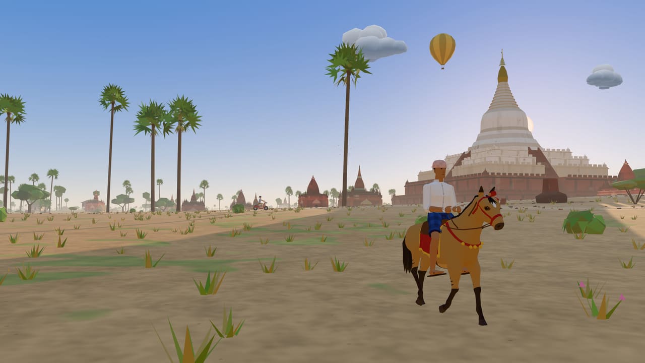 နေထွက်ချိန် ရွှေဆံတော်စေတီ အနီးမှာ မြန်မာမြင်းကို စီးလာတဲ့ လူငယ်၊ စေတီနောက်က နေရောင်နဲ့ ကောင်းကင်ထဲက မိုးပျံပူဖောင်း