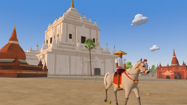 ခမောက်ဆောင်းထားတဲ့ မြင်းစီးသူနဲ့ မီးခိုးရောင် အာရပ်မြင်း၊ နောက်ခံမှာ မနက်နေရောင် ထိုးနေတဲ့ ဖြူဖွေးတဲ့ သဗ္ဗညုဘုရား
