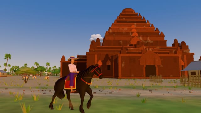 ညနေနေရောင် ထိုးနေတဲ့ ဓမ္မရံကြီးဘုရား အောက်မှာ ကောက်ရိုးဦးထုပ် ဆောင်းထားတဲ့ အမျိုးသမီးနဲ့ အနက်ရောင် ဖရီးဆီးယန်းမြင်း