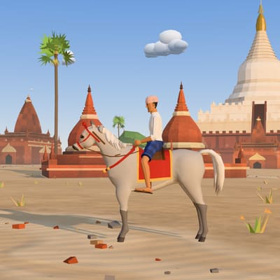 ရွှေဆံတော်စေတီ ရှေ့မှာ မြင်းစီးသူနဲ့အတူ ရပ်နေတဲ့ အာရပ်မြင်း