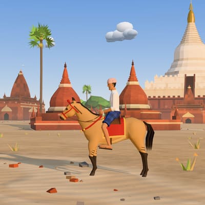 ရွှေဆံတော်စေတီ ရှေ့မှာ မြင်းစီးသူနဲ့အတူ ရပ်နေတဲ့ မြန်မာမြင်း
