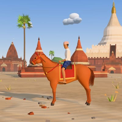 ရွှေဆံတော်စေတီ ရှေ့မှာ မြင်းစီးသူနဲ့အတူ ရပ်နေတဲ့ ကွာတာ ဟော့စ်