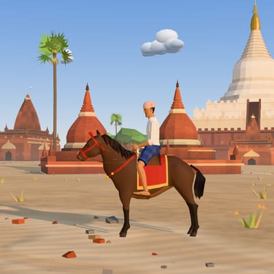 ရွှေဆံတော်စေတီ ရှေ့မှာ မြင်းစီးသူနဲ့အတူ ရပ်နေတဲ့ ရှမ်းမြင်း