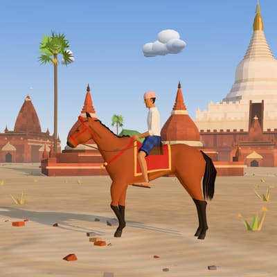 ရွှေဆံတော်စေတီ ရှေ့မှာ မြင်းစီးသူနဲ့အတူ ရပ်နေတဲ့ သရိုးဘရက်